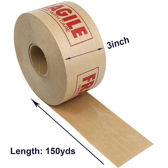 Fragile Printed Reinforced Kraft Tape 3″ x 450 ft – Water‑Activated Gummed Tape - Picture 2 of 7